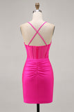 Fuchsia Ruched Spaghetti Straps Tight Short Corset Homecoming Dress