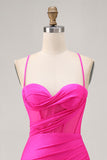Fuchsia Ruched Spaghetti Straps Tight Short Corset Homecoming Dress