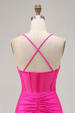 Fuchsia Ruched Spaghetti Straps Tight Short Corset Homecoming Dress
