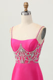 Sparkly Fuchsia Corset Tight Satin Short Homecoming Dress with Beading