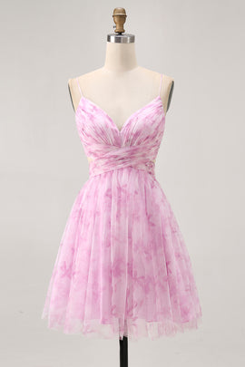 Pink Floral Ruched Lace-Up Back Short Homecoming Dress