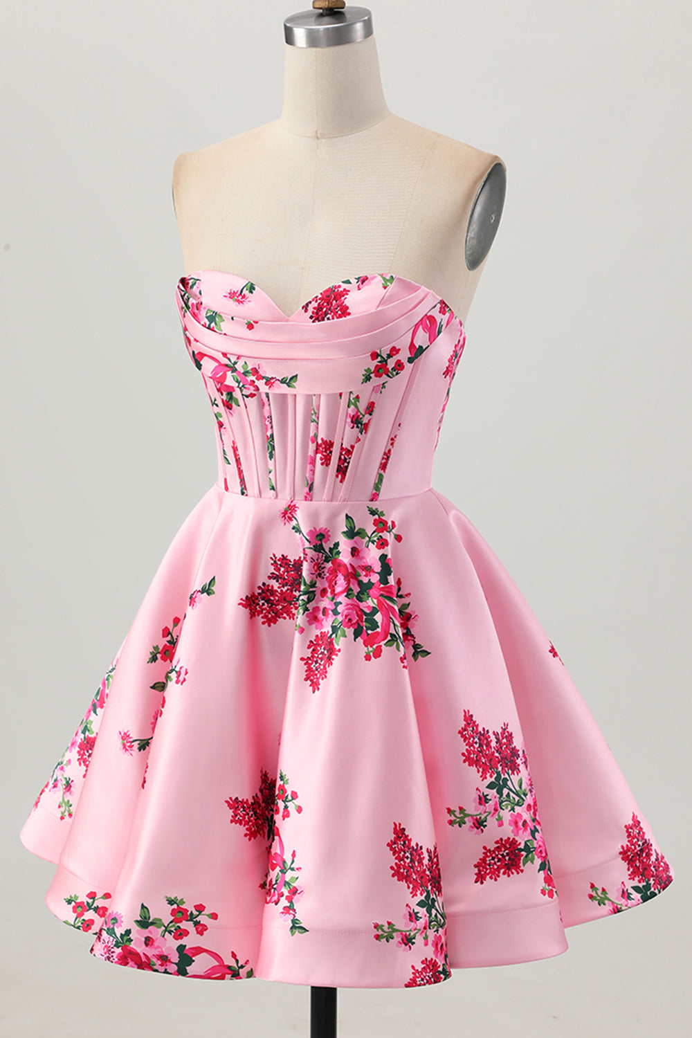 Pink Corset Floral Sweetheart Short Satin Homecoming Dress