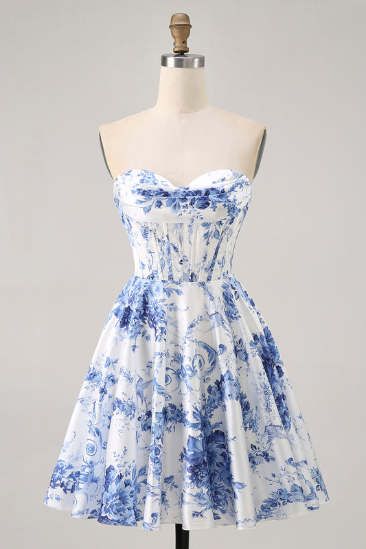 White Blue Corset Flower A Line Short Homecoming Dress