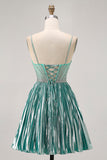 Sparkly Green Metallic A Line Short Homecoming Dress with Beading