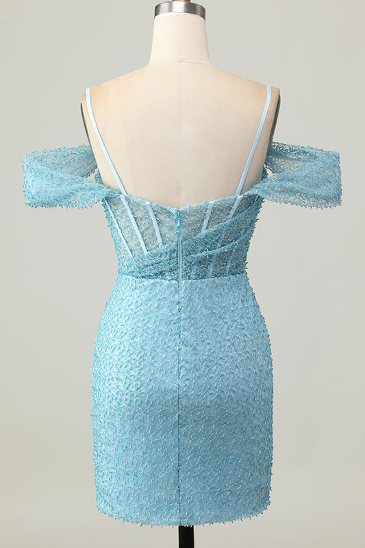 Sparkly Blue Tight Corset Cold Shoulder Short Homecoming Dress