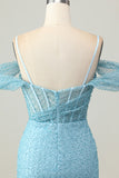 Sparkly Blue Tight Corset Cold Shoulder Short Homecoming Dress