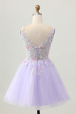 Sparkly Lilac V-Neck Floral Tulle Short Homecoming Dress with Beading