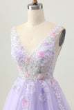 Sparkly Lilac V-Neck Floral Tulle Short Homecoming Dress with Beading