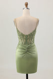 Sage Green Satin Corset Spaghetti Straps Short Homecoming Dress with Lace
