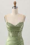 Sage Green Corset Satin Tight Short Homecoming Dress with Lace