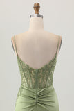 Sage Green Corset Satin Tight Short Homecoming Dress with Lace