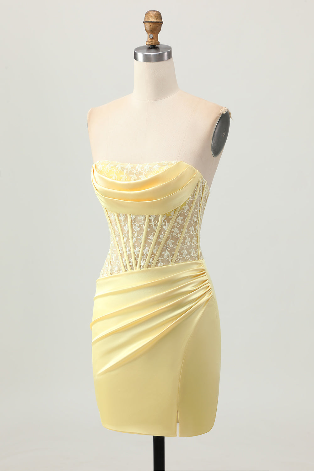Zapakasa Women Yellow Corset Short Homecoming Dress with Lace Strapless Tight Lace Up Back Satin Cocktail Dress with Slit Zapakasa Women Yellow Corset Short Homecoming Dress with Lace Strapless Tight Lace Up Back Satin Cocktail Dress with Slit