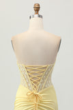 Yellow Strapless Corset Tight Short Homecoming Dress with Lace