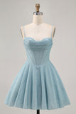 Grey Blue Corset A Line Spaghetti Straps Short Homecoming Dress