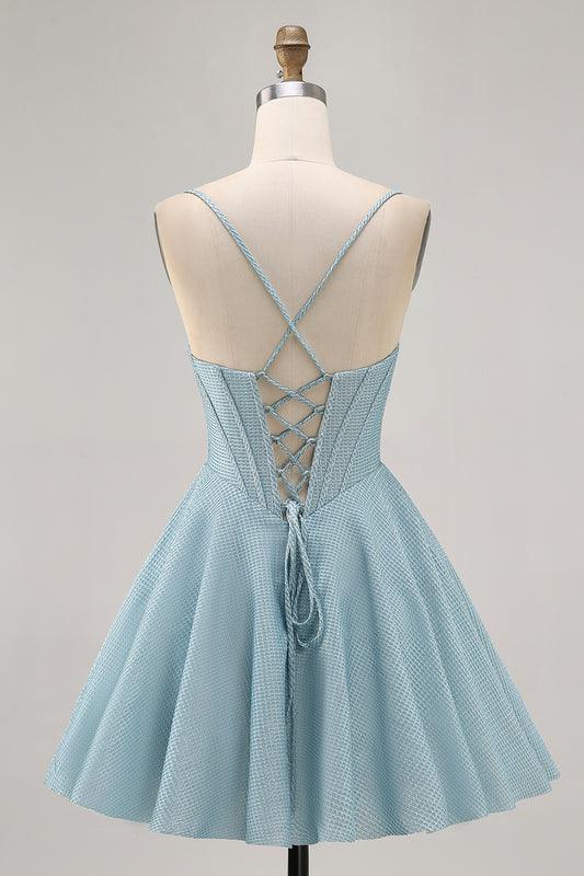 Grey Blue Corset A Line Spaghetti Straps Short Homecoming Dress