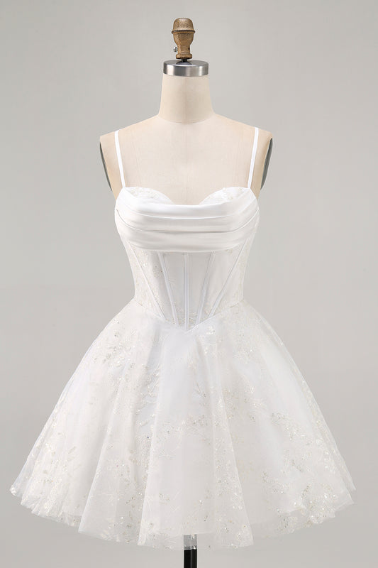 White Corset Spaghetti Straps Short Homecoming Dress with Lace