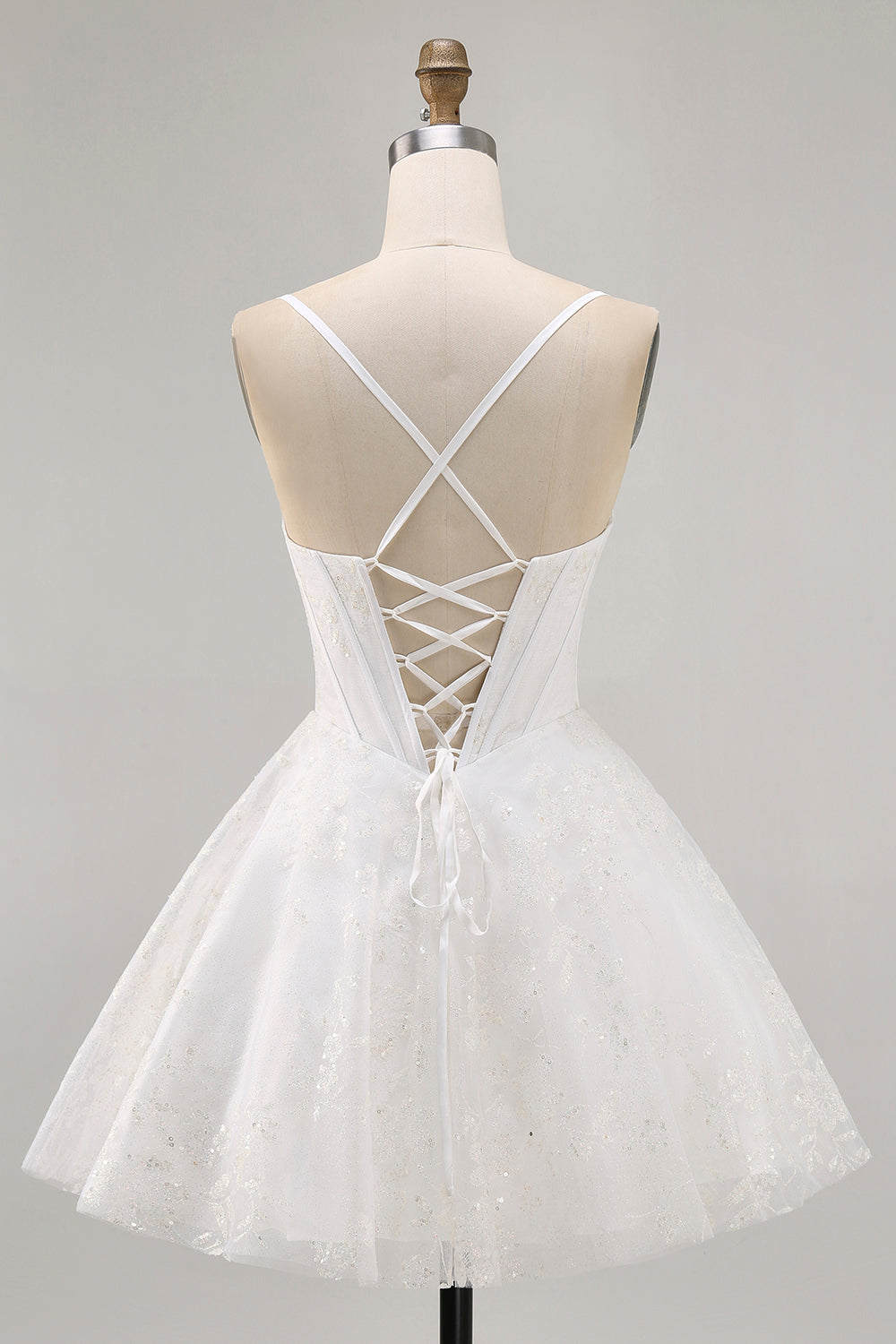 White Corset Spaghetti Straps Short Homecoming Dress with Lace