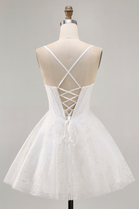 White Corset Spaghetti Straps Short Homecoming Dress with Lace