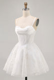 White Corset Spaghetti Straps Short Homecoming Dress with Lace