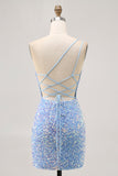 Sparkly Blue Sequins One Shoulder Short Homecoming Dress