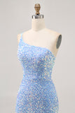 Sparkly Blue Sequins One Shoulder Short Homecoming Dress