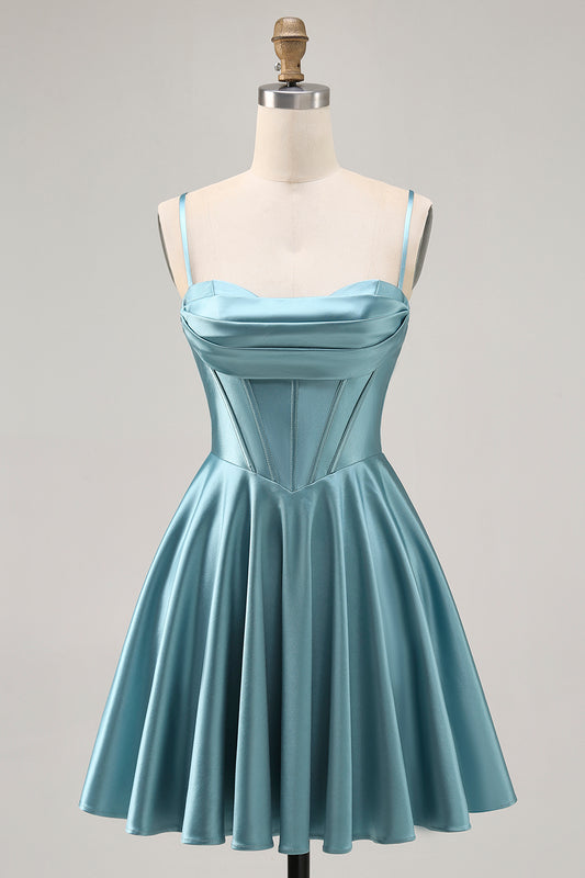 Grey Green Satin Ruched A Line Short Corset Homecoming Dress