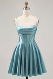 Grey Green Satin Ruched A Line Short Corset Homecoming Dress