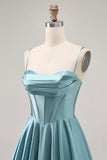 Grey Green Satin Ruched A Line Short Corset Homecoming Dress