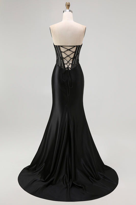 Sparkly Black Corset Mermaid Beaded Long Prom Dress with Slit