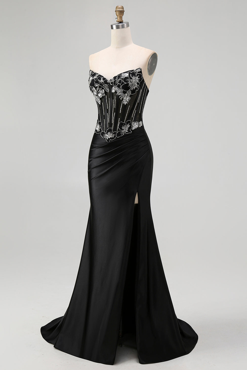 Sparkly Black Corset Mermaid Beaded Long Prom Dress with Slit