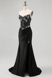 Sparkly Black Corset Mermaid Beaded Long Prom Dress with Slit