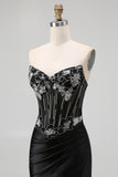 Sparkly Black Corset Mermaid Beaded Long Prom Dress with Slit
