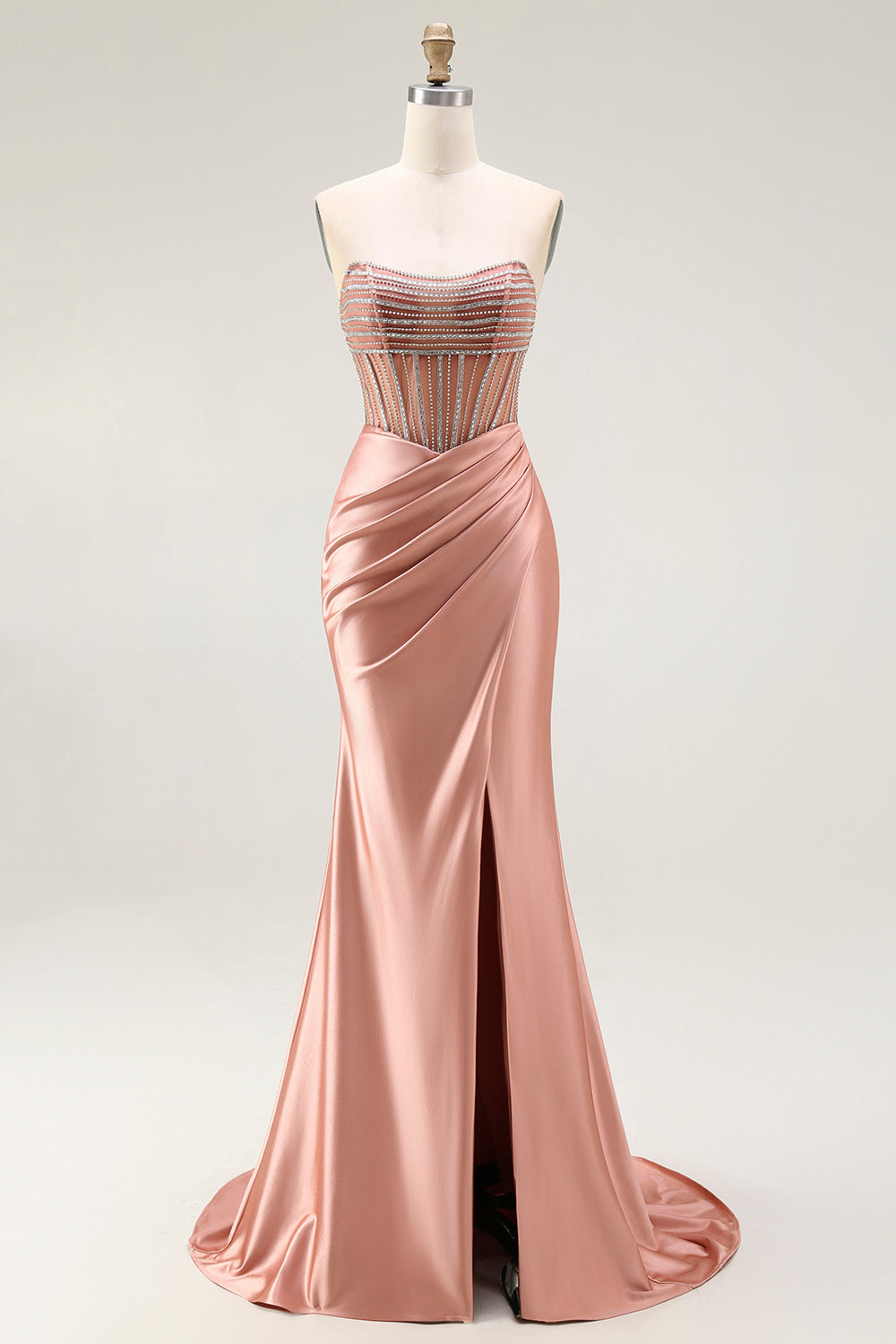 Sparkly Blush Mermaid Strapless Ruched Long Prom Dress with Slit