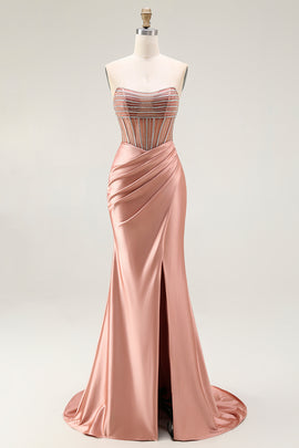 Sparkly Blush Mermaid Strapless Ruched Long Prom Dress with Slit