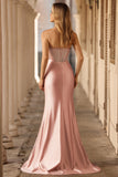 Sparkly Blush Mermaid Strapless Satin Long Prom Dress with Slit