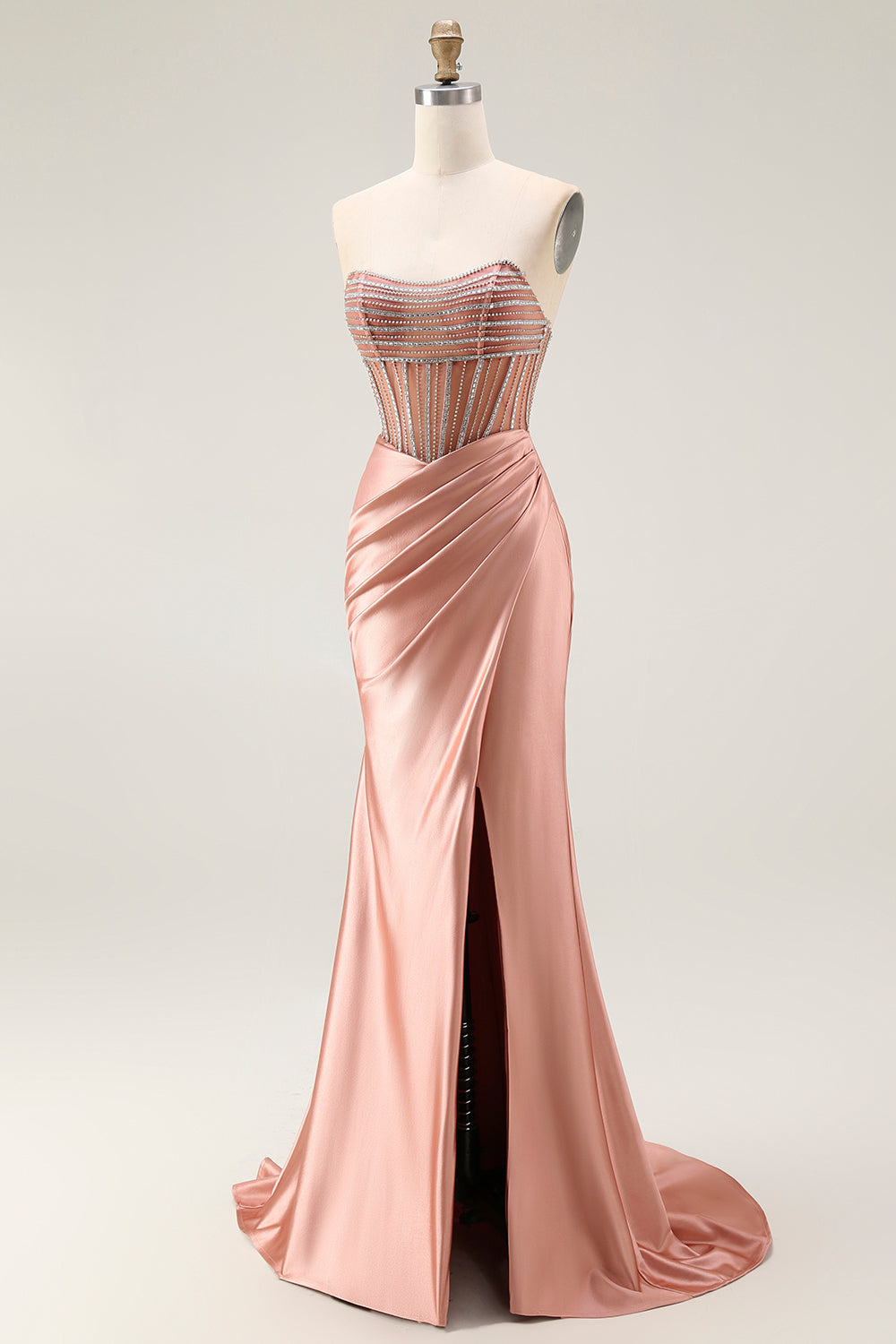 Sparkly Blush Mermaid Strapless Ruched Long Prom Dress with Slit