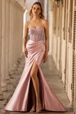 Sparkly Blush Mermaid Strapless Satin Long Prom Dress with Slit