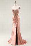 Sparkly Blush Mermaid Strapless Ruched Long Prom Dress with Slit