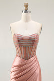 Sparkly Blush Mermaid Strapless Ruched Long Prom Dress with Slit