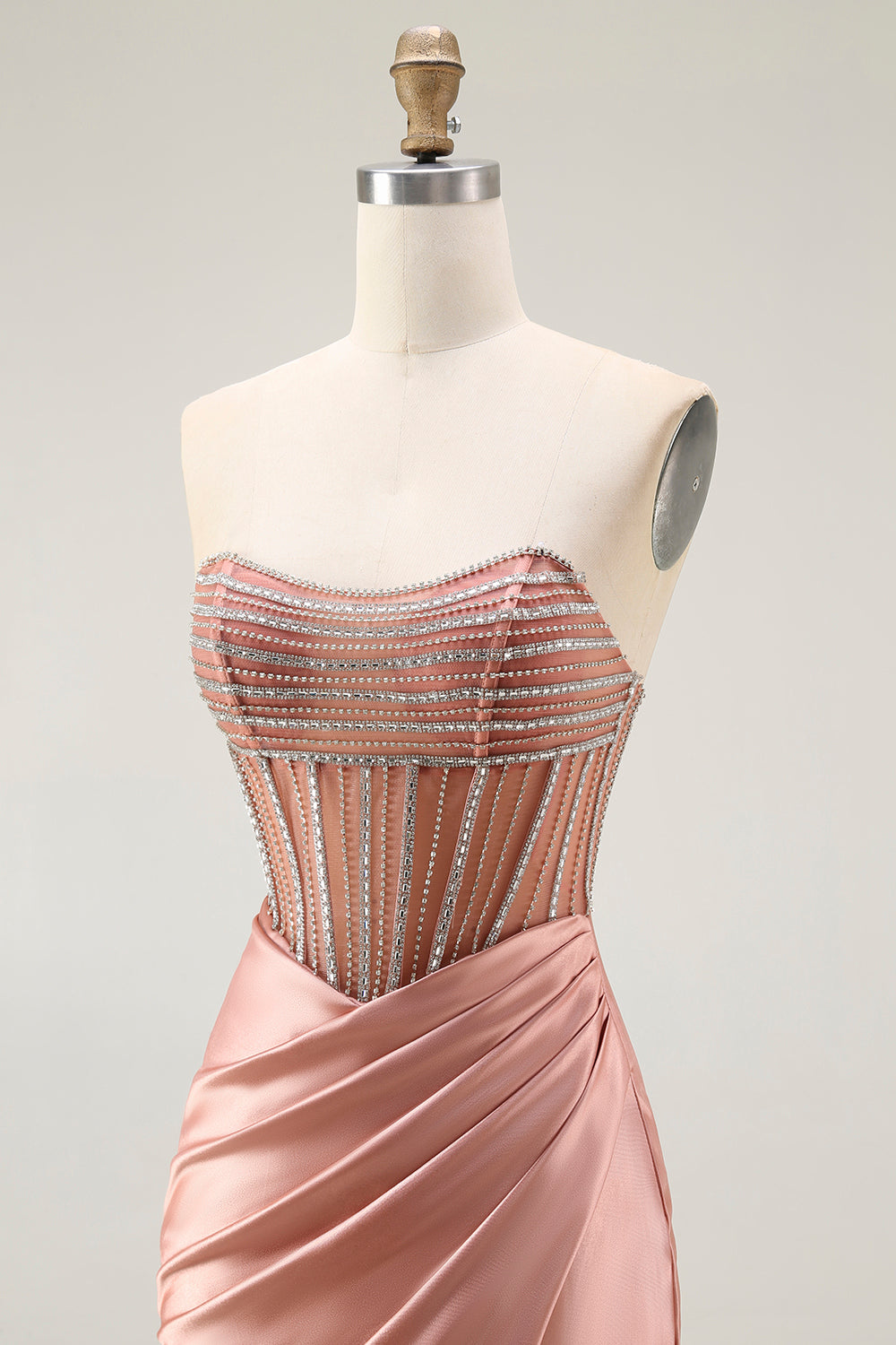 Sparkly Blush Mermaid Strapless Ruched Long Prom Dress with Slit