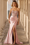 Sparkly Blush Mermaid Strapless Satin Long Prom Dress with Slit