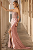 Sparkly Blush Mermaid Strapless Satin Long Prom Dress with Slit