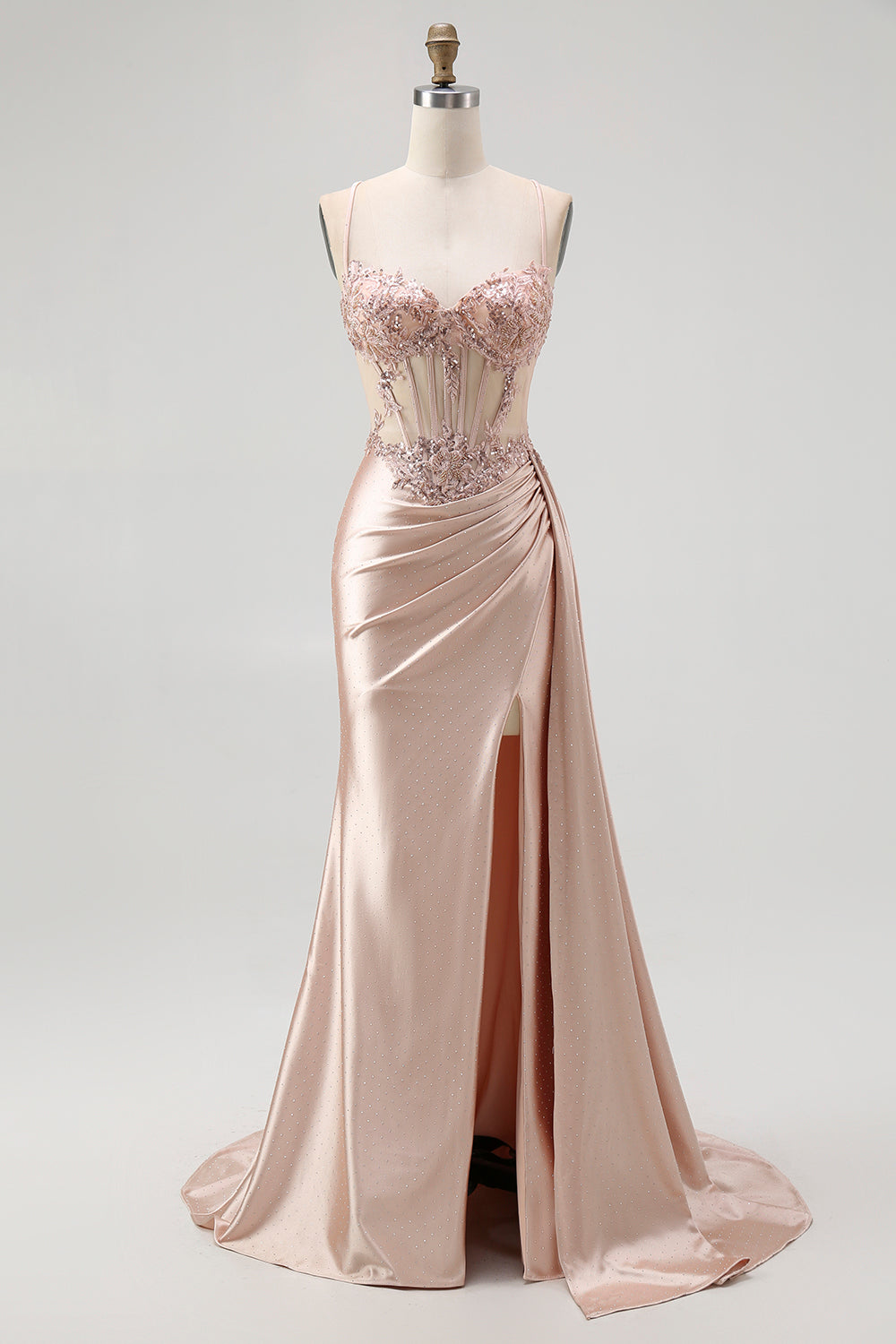 Zapakasa Women Sparkly Champagne Mermaid Satin Long Prom Dress with Beading Spaghetti Straps Corset Formal Dress with Slit Zapakasa Women Sparkly Champagne Mermaid Satin Long Prom Dress with Beading Spaghetti Straps Corset Formal Dress with Slit