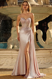 Sparkly Champagne Mermaid Satin Long Prom Dress with Beading
