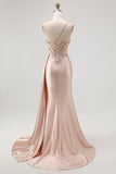 Sparkly Champagne Spaghetti Straps Mermaid Satin Long Prom Dress with Beading