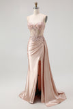 Sparkly Champagne Spaghetti Straps Mermaid Satin Long Prom Dress with Beading