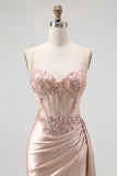 Sparkly Champagne Spaghetti Straps Mermaid Satin Long Prom Dress with Beading