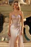 Sparkly Champagne Mermaid Satin Long Prom Dress with Beading