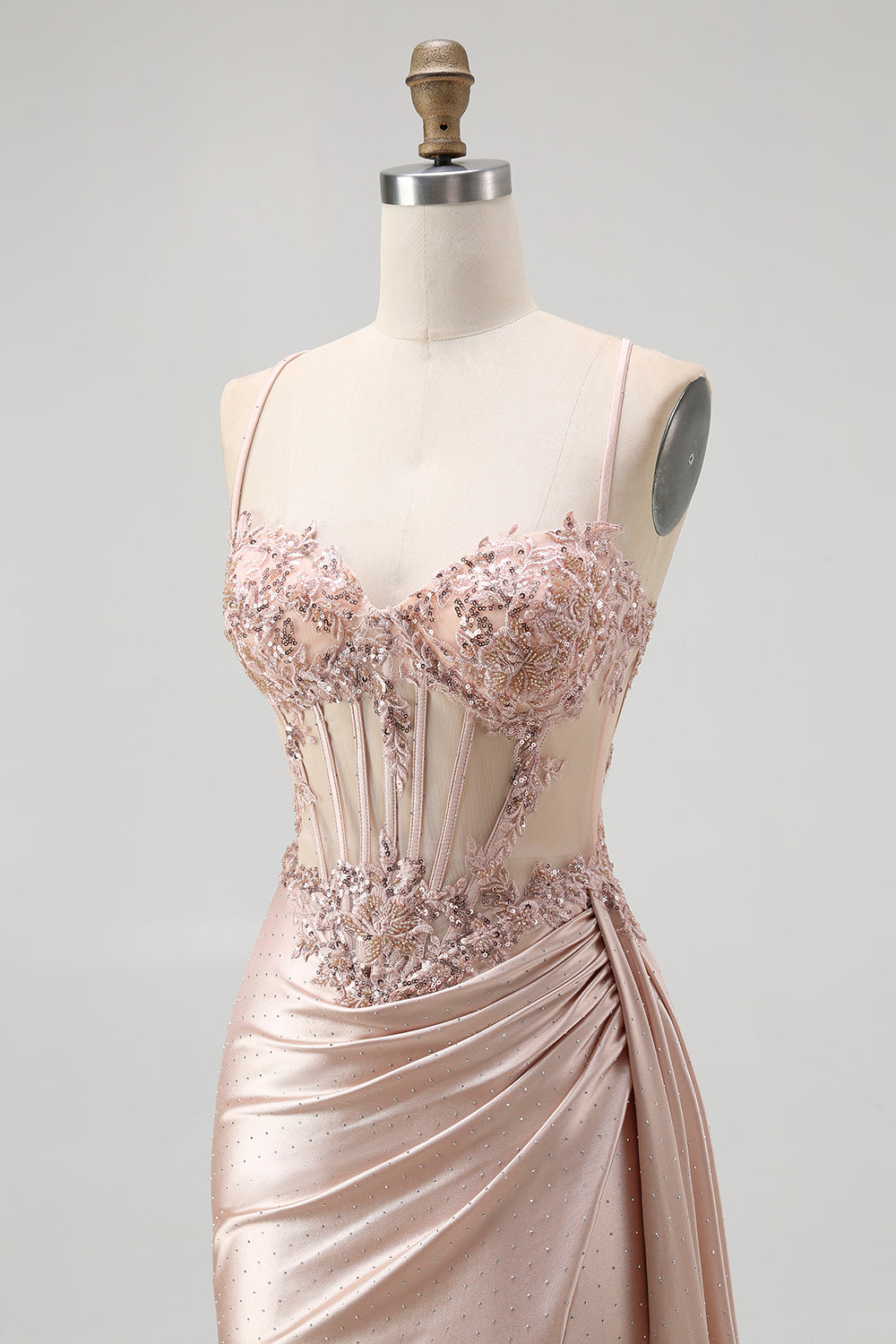Sparkly Champagne Spaghetti Straps Mermaid Satin Long Prom Dress with Beading