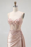 Sparkly Champagne Spaghetti Straps Mermaid Satin Long Prom Dress with Beading